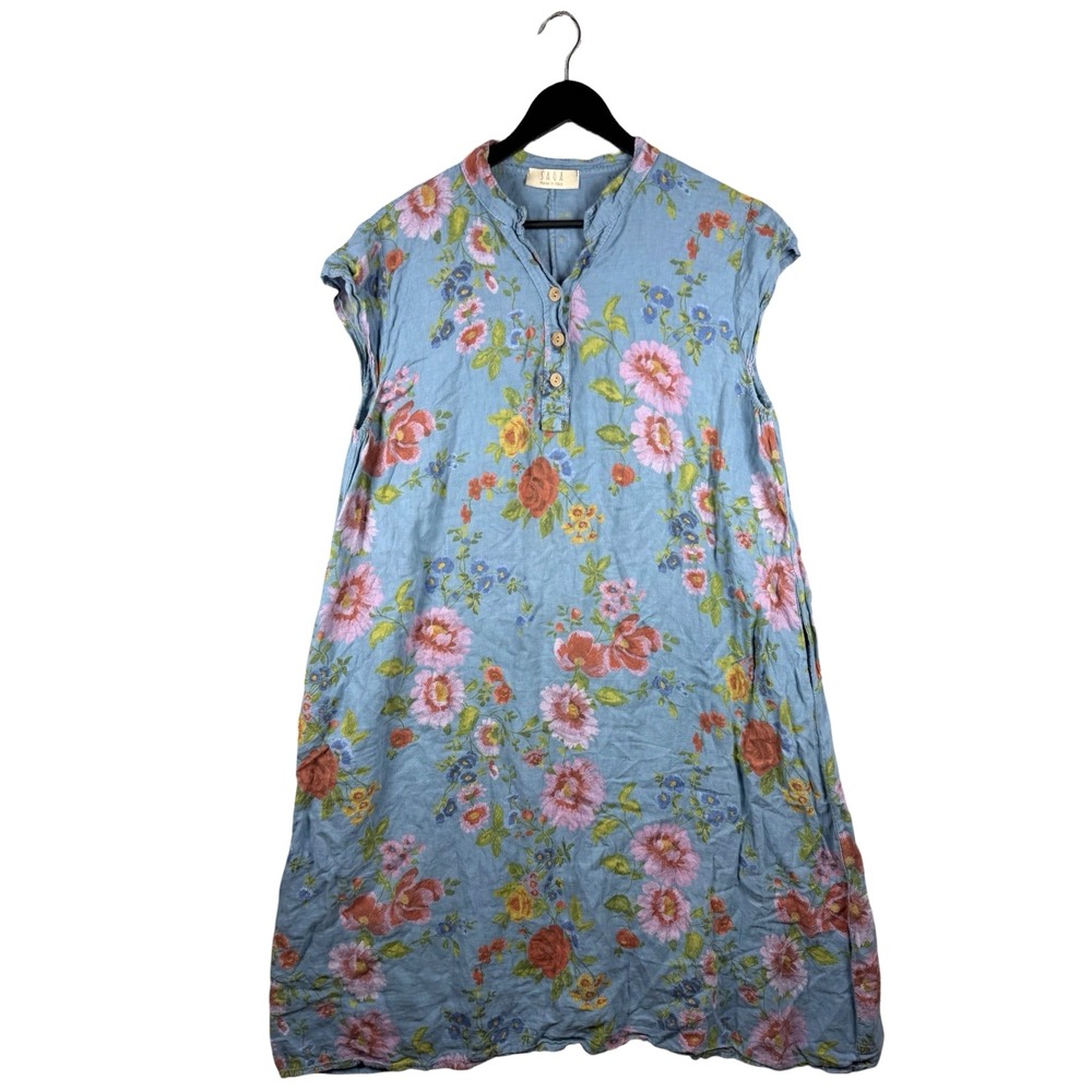 SAGA 100% Linen Short Sleeve Floral Multicolor Dress w Pockets Sz M/L approx